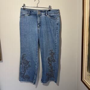 Y2K French Cuff Floral Embroidered Capri Jeans Denim Cropped Pants w/Side Slit 8